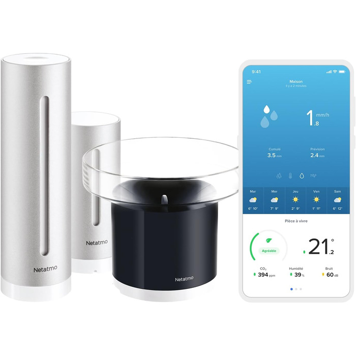 Netatmo Pack with indoor and outdoor weather station, wireless outdoor sensor, and intelligent rain gauge, humidity, air quality, indoor noise level, air pressure, NBU-NWS-NRG-EU Weather Station + Rain Gauge