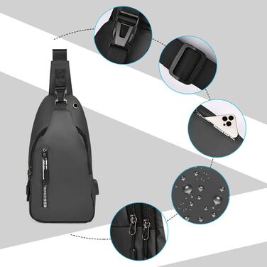 Чоловіча нагрудна сумка Brusttasche з USB-зарядкою, Oxford-тканина, водонепроникна, для спорту, роботи, подорожей (#5 B-сірий)