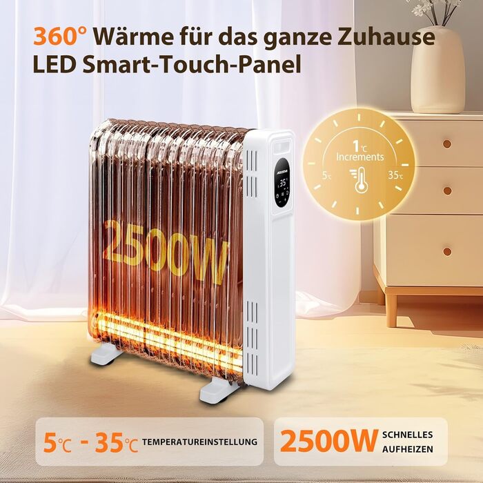 Електричний масляний радіатор Aigostar Snug 2500W з пультом керування, 13 ребер, термостат, 3 режими, ECO, таймер 24г, LED, захист від перекидання та перегріву