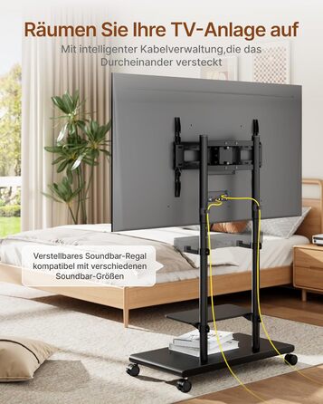 Підставка для телевізора на колесах з кріпленням для саундбару, 50-90 дюймів, до 70 кг, регульована висота та нахил, MAX VESA 600x400 мм