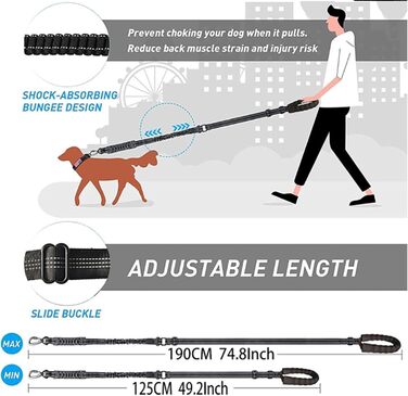 Міцна собача повідка-банджі з двома зручними ручками та автофіксатором, 1,2-1,5 м, чорна