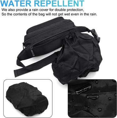 Чоловіча/жіноча поясна сумка-бананка з дощовиком, велика, з нейлону, 5 відділень на блискавці, для туризму, спорту, прогулянок з собакою (Чорна)