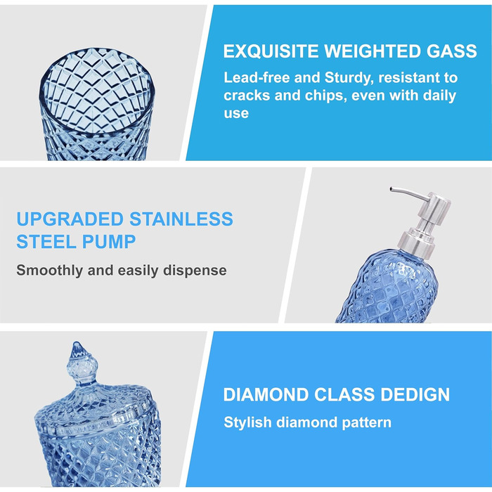 Набір аксесуарів для ванної кімнати, блакитний, 4 шт. - скляний диспенсер для мила, тримач для зубних щіток, мильниця, контейнер для ватних паличок. Сучасний декор для ванної кімнати, світло-блакитний колір