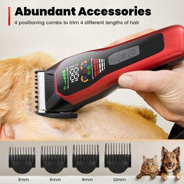 Електрична машинка для стрижки собак з густим/важким хутром, 2 швидкості, LED, акумуляторна, для собак та котів, з блокуванням, Стандартний набір