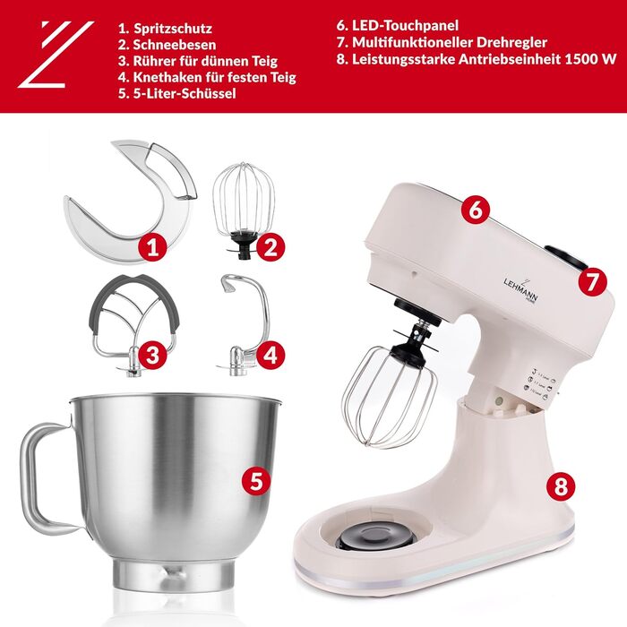Кухонна машина Lehmann з дисплеєм, 1500 Вт, 12 швидкостей, функція ферментації з підігрівом, вбудовані ваги, таймер, чаша 5 л та 3 насадки-мішалки, Бежевий