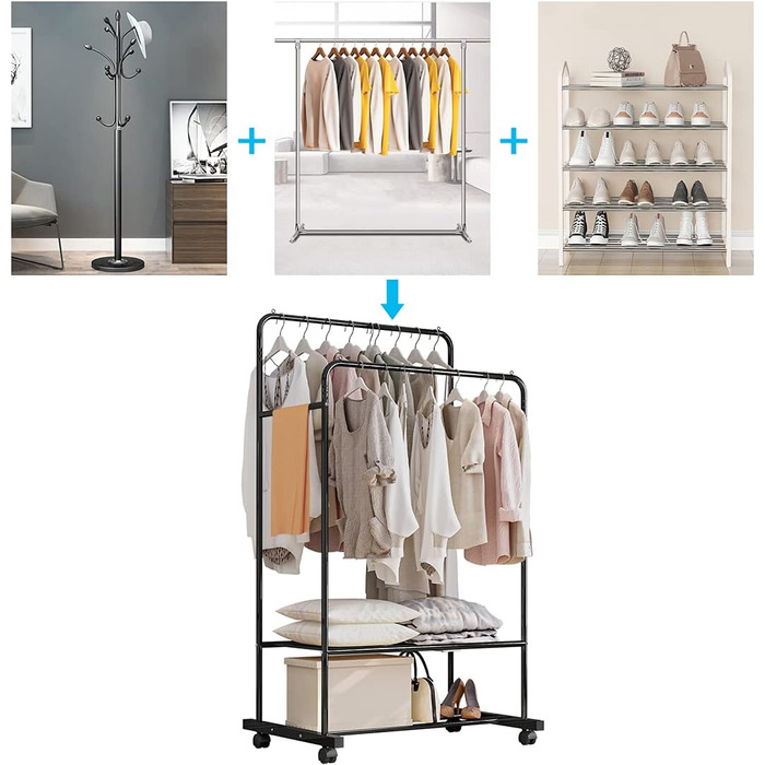 Clothes Rack, Rolling Garment Rack with 2 Clothes Rods, 2 Shelves for Boxes (Black)