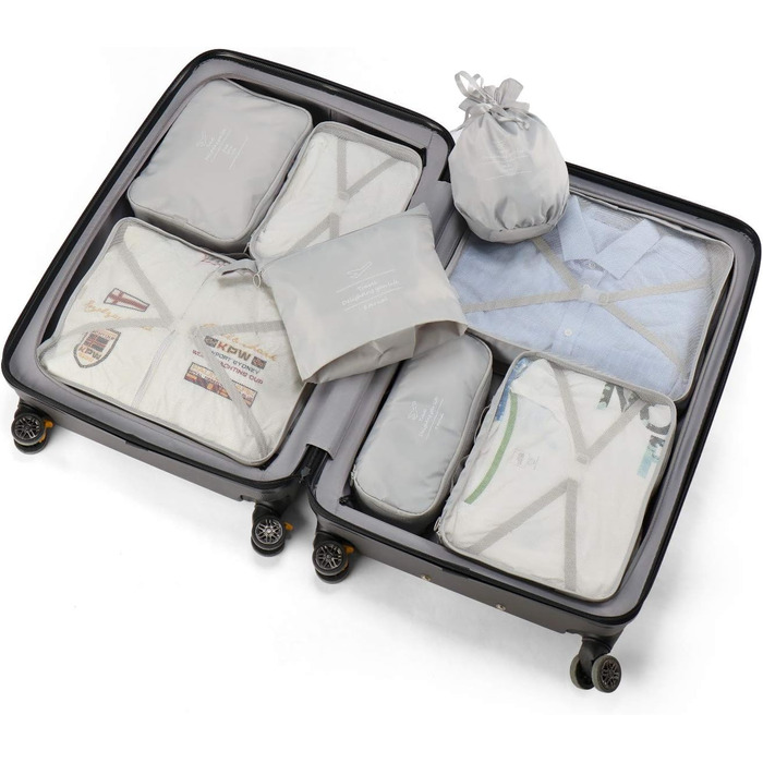 Органайзери для валіз: 8 комплектів, 7 кольорів. Організатори для подорожей, мішки для взуття, компресійні мішки. Сірий колір.