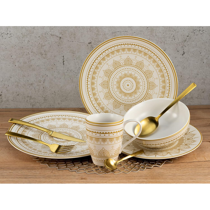 CreaTable MANDALA GOLD: Набір посуду з 16 частин, кераміка, чорний/золотий, для дому та ресторану