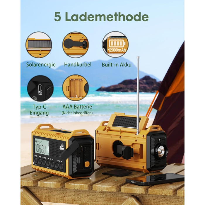 Радіоприймач Kurbelradio 12000mAh з сонячною панеллю та ручкою, AM/FM/SW, USB-зарядка, ліхтарик, SOS-сигнал, для кемпінгу та надзвичайних ситуацій, зелений