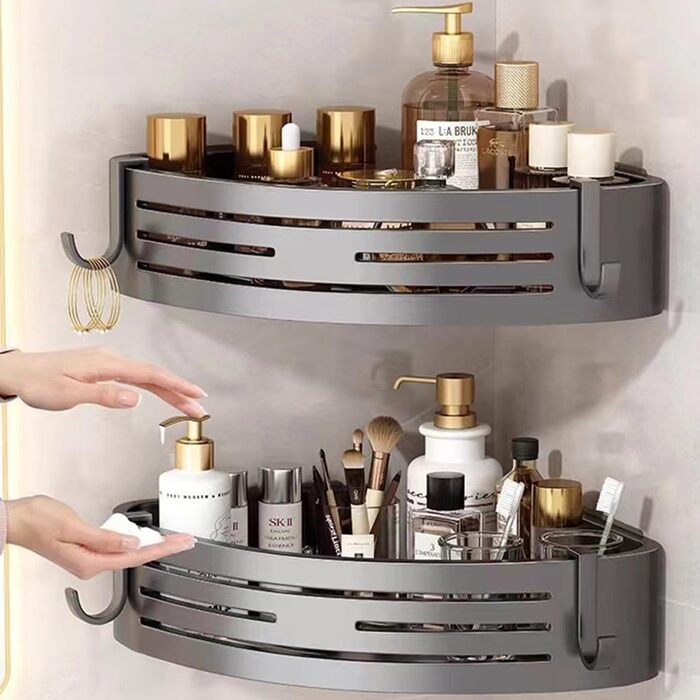 Поличка для душу без свердління - органайзер для ванної кімнати. Етажерка для душу та ванни з 4 гачками. Міцна алюмінієва поличка, водонепроникна з високим бортиком (Сірий)