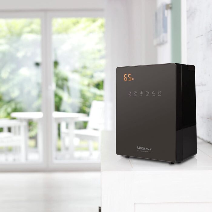 Зволожувач повітря Medisana AH 675 з гігрометром, таймером, попереднім нагрівом, 3 інтенсивності розпилення, 5.2 л, для дитячої, вітальні та спальні