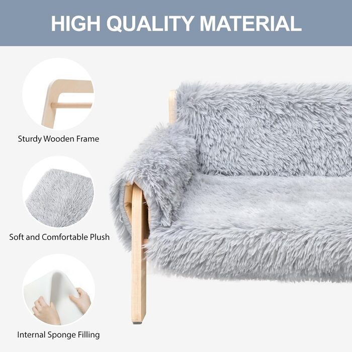 MEWOOFUN Elevated Cat Bed Sofa made of Wood, Sturdy Large Cat Sofa – Fashionable Cat Stool with Removable Mattress Cover, Holds up to 10 kg (56x45cm, Grey)