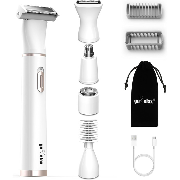 Електричний жіночий інтимо-голений апарат 5-в-1 для обличчя, бікіні-зони, ніг, носа та вух. Бездротовий, для вологого та сухого гоління. Білий.