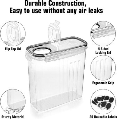 Wildone Freshness Containers, airtight, cereal storage containers for sugar, flour, snacks, baking supplies, leak-proof, with sealing lid, 4 pieces (4 l)