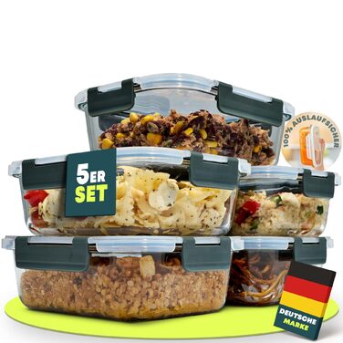 Набір контейнерів для їжі Uandu з кришкою (10 шт.) – Скляні контейнери для зберігання їжі, BPA-free, придатні для миття в посудомийній машині, мікрохвильовій печі та морозильній камері (Антрацит, набір з 5 шт.)