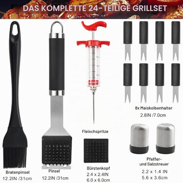 Набір аксесуарів для гриля та барбекю Grilljoy, 24 предмети, нержавіюча сталь в алюмінієвому кейсі, термостійкі ручки, для кемпінгу та саду