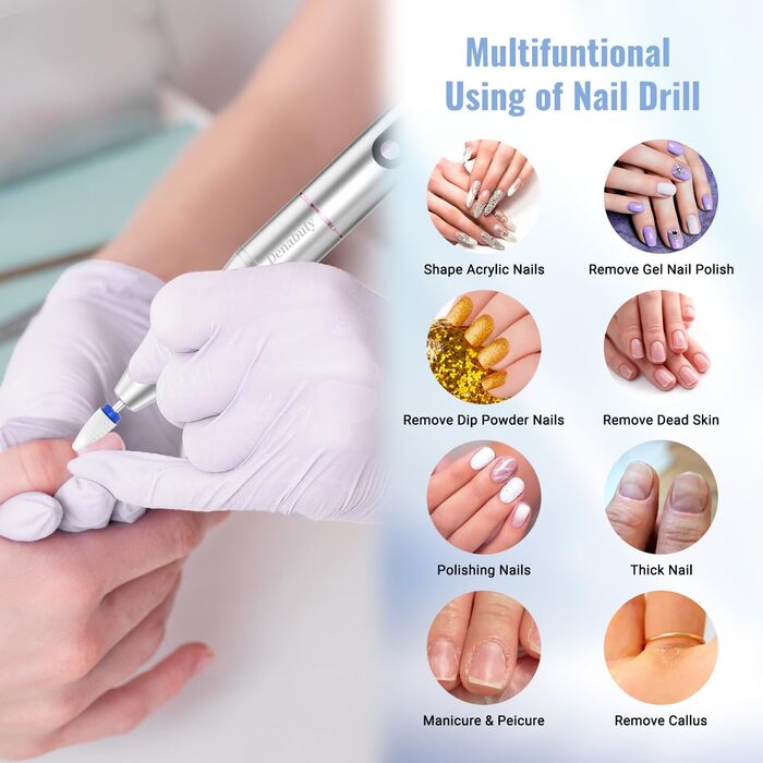 Електричний фрезер для нігтів Nagelfräser Kabellos 2-в-1 з LED лампою для манікюру та педикюру, 35000 об/хв, срібний