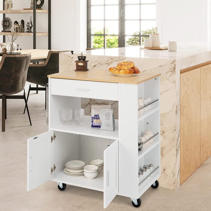 Giantex Rolling Kitchen Cart with Drop Leaf Top, Kitchen Island with Storage, Mobile Kitchen Island Wood, Kitchen Storage Cabinet Serving Cart with Drawer & 3 Shelves (White)