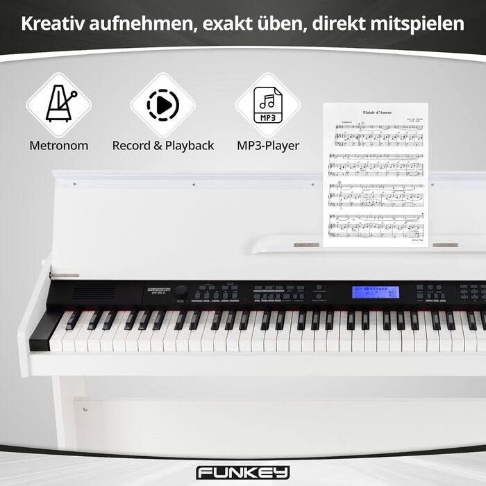 FunKey DP-88 II – цифрове піаніно з 88 клавішами, поліфонія 128, 360 звуків, 160 стилів, MP3-плеєр, функція навчання, запис та відтворення, 3 педалі, білий колір