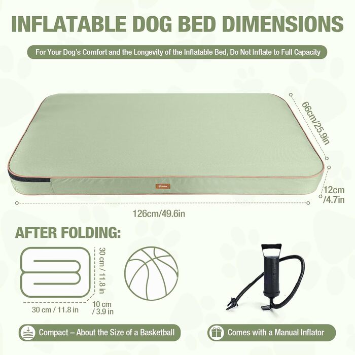 Надувне ліжко для собак Lekereise Outdoor, 126x66x12 см, водонепроникне, для середніх та маленьких собак, знімний чохол, для відпочинку в подорожах та на вулиці (зелене, XL)