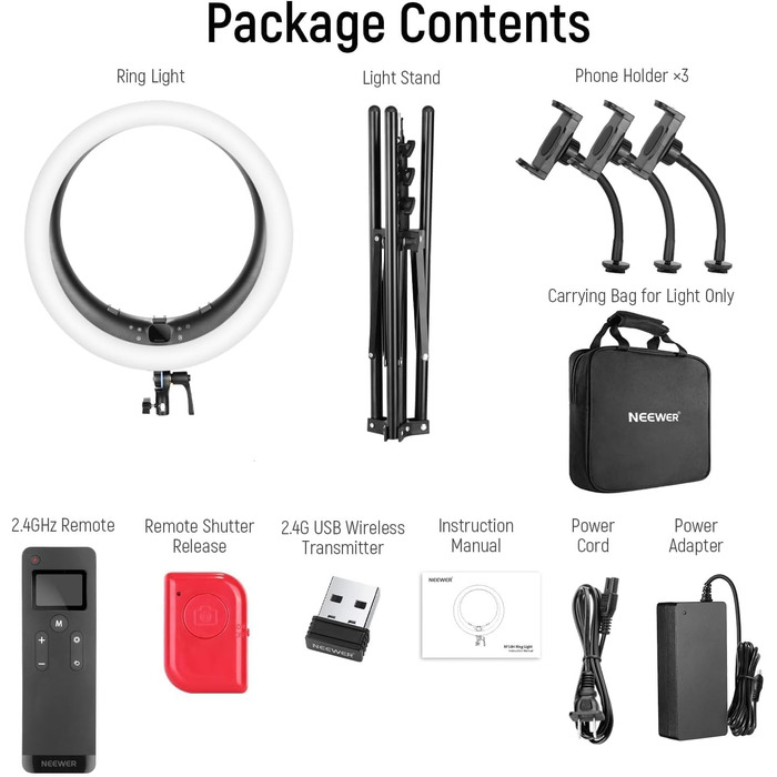 NEEWER Ringlicht RP19H 19 дюймів з підставкою та 3 тримачами для телефону, 2.4G керування, плавне регулювання яскравості, LCD та сенсорне керування, 42W CRI 97+ 2540 Lux, для стрімінгу, домашнього офісу, Zoom, освітлення, з пульт дистанційного керування