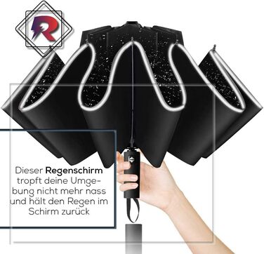 Стійка до вітру парасолька – надміцна з 12 спицями. Зручне складання без крапель – компактний, для жінок та чоловіків. Автоматичне відкриття – світловідбиваючі елементи на краю.