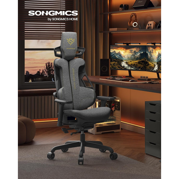 Ігрове крісло SONGMICS EVOGAMER, офісне, регульоване, з підголівником і підлокітниками, спинка з нахилом, текстура під карбон, навантаження до 150 кг, чорне