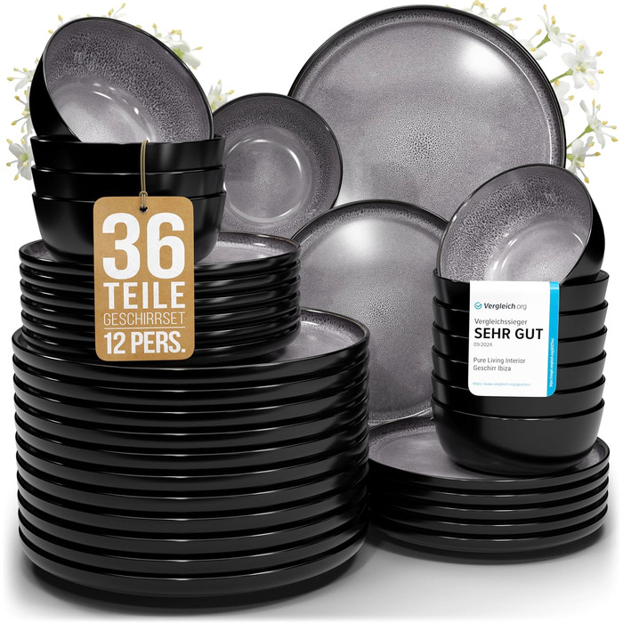 Набір посуду з кераміки Pure Living Ibiza 36 предметів (12 осіб), сірий колір