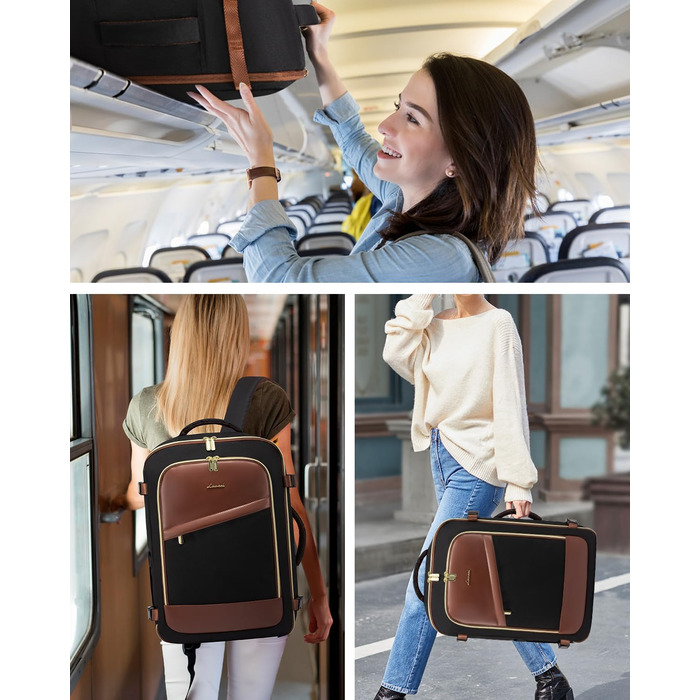 LOVEVOOK Рюкзак ручної поклажі 40L, жіночий водонепроникний рюкзак для подорожей з відділенням для взуття, рюкзак для ноутбука (17.3 дюйми) для школи, роботи, подорожей (чорний+каштанового кольору)