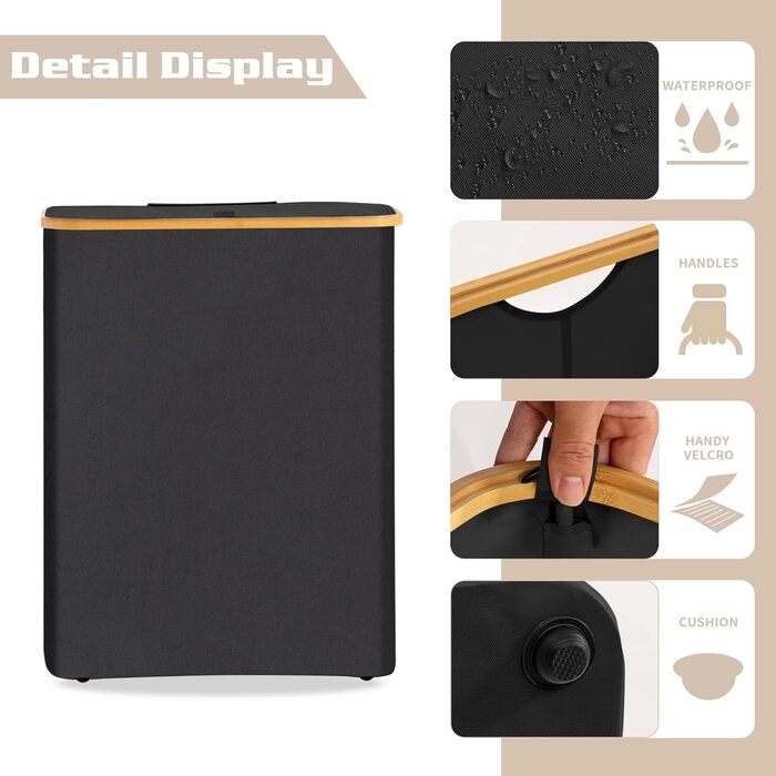 BRIAN & DANY Laundry Basket with 3 Compartments and Lid, Laundry Collector, Laundry Sorting System, Removable, Water-Repellent, Foldable Laundry Box, Narrow Laundry Basket 145L for the Family, Black