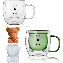 Cute Bear Mugs 2-Piece Set Cute Bear Teacup 250ml Double-Walled Glass with Handle Lovely Birthday Gifts for Women Men Valentine's Day (2-Pack, White+Green)