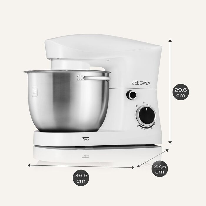 Кухонний комбайн ZEEGMA PLANEET EASY: планетарний міксер 1500 Вт з чашею 5.2 л, 10 швидкостей, насадки для замішування, збивання, готування. Білий