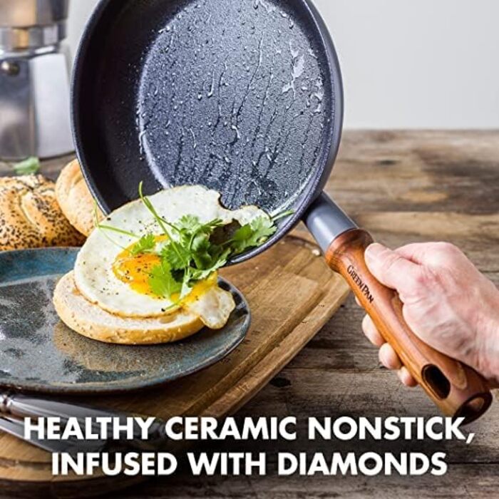 GreenPan Mayflower Pro Hard-Anodized Ceramic Non-Stick Coating, 5-Piece Cookware Set, Vintage Wood Handle, PFAS-Free, Induction-Compatible, Charcoal Gray Cookware Set 5-Piece
