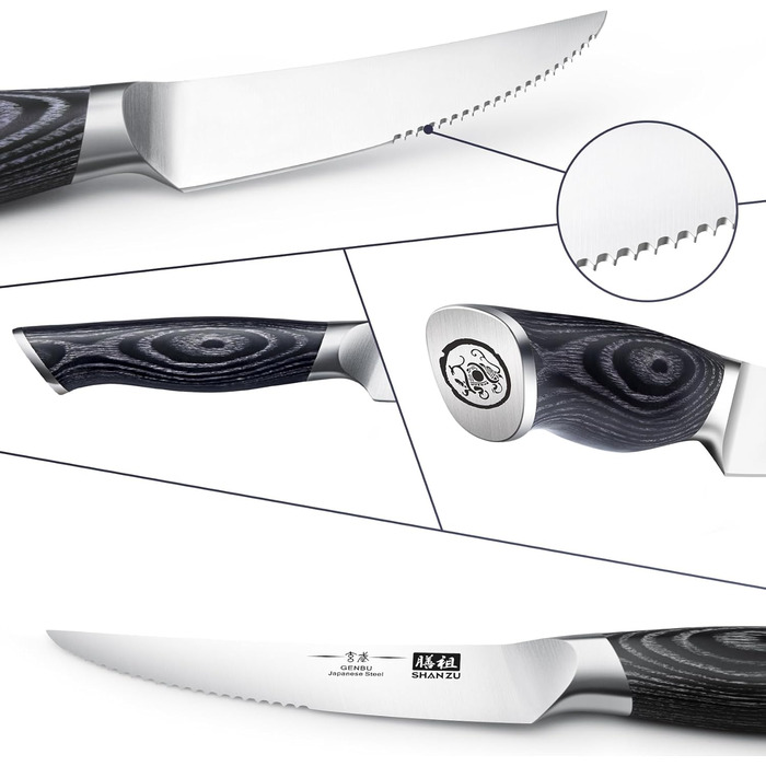 Набір ножів SHAN ZU 16 предметів з блоком: Японський набір кухонних ножів з нержавіючої сталі, серія Genbu, ергономічні ручки, чорний черепаховий колір, включає набір стейк-ножів