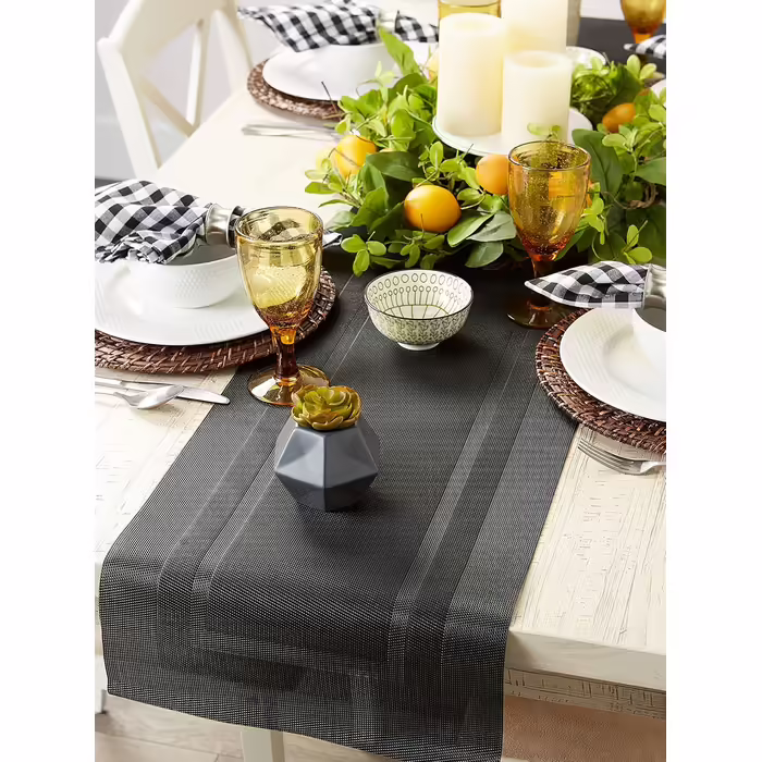DII PVC Tablecloth Collection - Woven for Indoors and Outdoors, Polyvinyl Chloride, Black, Table Runner, 14x72