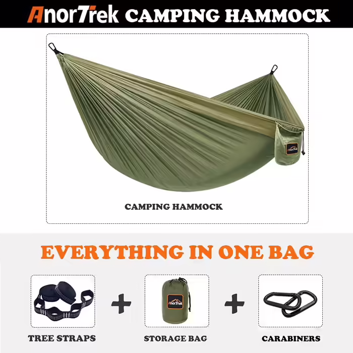 Кемпінгова гамак AnorTrek, надлегкий портативний парашутний гамак з двома ременями для дерев, одно- або двомісний, нейлон, туристичний, синій/темно-синій (армійський зелений та хакі, 300 x 200 см)