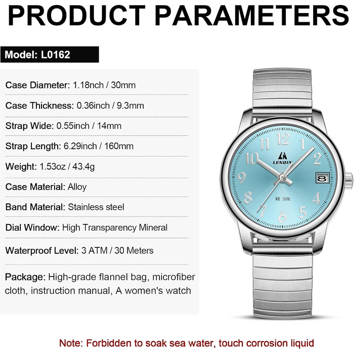 Жіночий годинник LN LENQIN: кварцовий годинник з нержавіючої сталі, водонепроникний, аналоговий, з регульованим браслетом (сріблястий, синій)