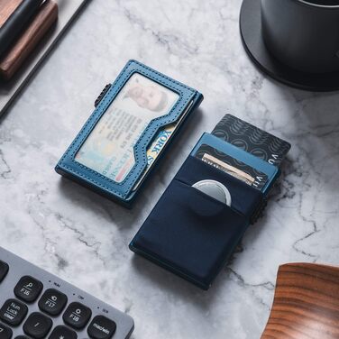 Стильний металевий гаманець для карток VULKIT з RFID-захистом, Pop-up механізмом, відділеннями EDC та вікном для ID, темно-синій