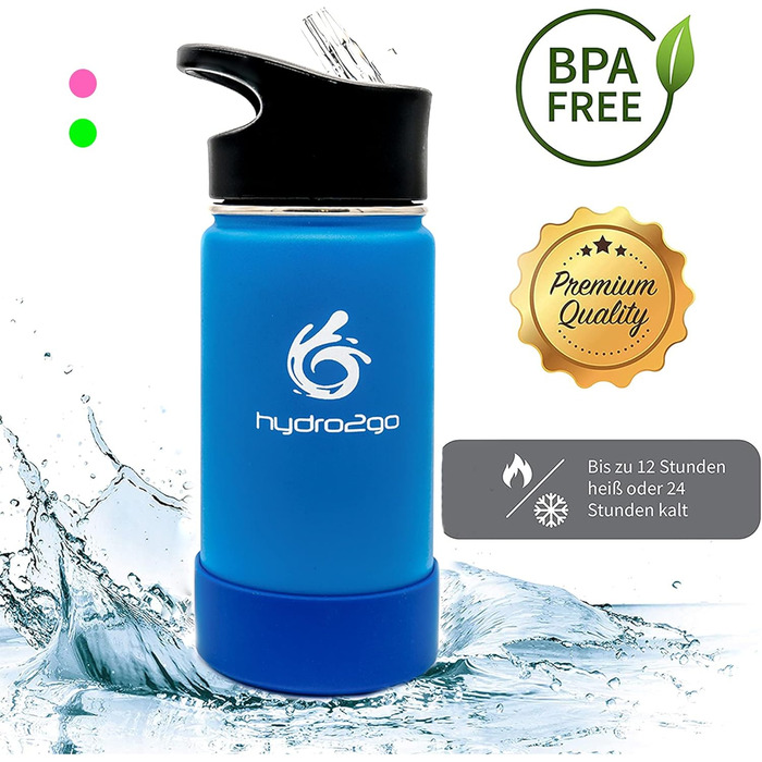 Stainless Steel Kids Water Bottle - BPA-Free Thermos Flask with 2 Leak-Proof Caps (Straw & Sport) - 350ml (Sky Blue)