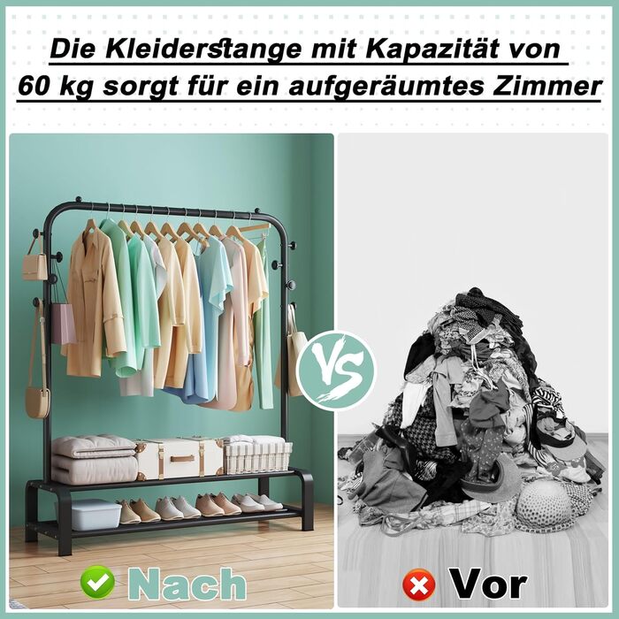 Clothes Rack, Coat Rack Stable Clothes Rail with 6 Hooks and 2 Shoe Shelf Storage Shelf, Bedroom Clothes Rack Freestanding Clothes Rail, Black