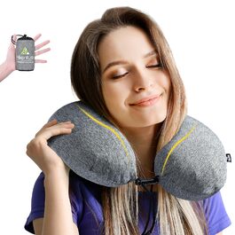 Подушка для шиї HIKENTURE надувна для подорожей літаком/поїздом з чохлом. Зручна подушка-ворітниця для дорослих. Кольори: синій, темно-сірий.