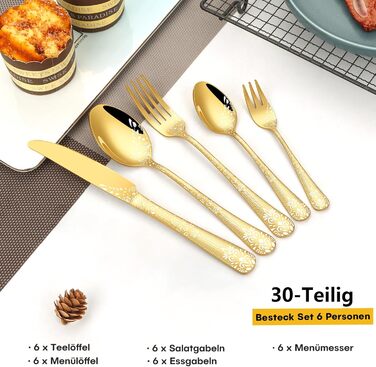 Gold Cutlery Set for 6 People, HONKKU 30-Piece Stainless Steel Cutlery Set, Dining Cutlery Set Mirror Polished with Floral Patterns, Fork Spoon Knife Set Dishwasher Safe