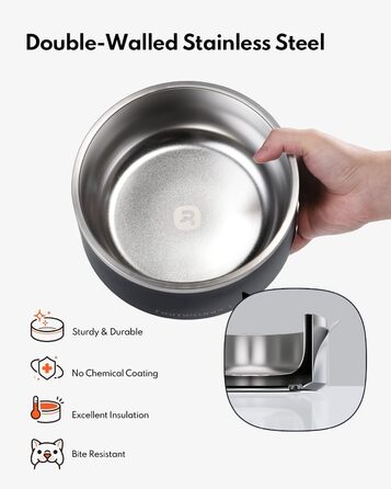 Нержавійна миска для собак HomeRunPet, 1 л з неслизьким дном, подвійні стінки, ізольована, для маленьких, середніх та великих собак, чорна