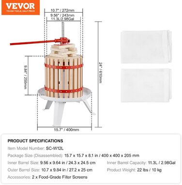 VEVOR Прес для фруктів і ягід 11,3 л, ручний дерев'яний соковитискач з фільтрами, прес для яблук, вина, соку, обробка фруктів, зелькова деревина, 40x40x20,5 см