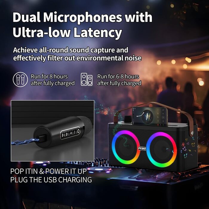 Караоке-система PKBD з Bluetooth, 2 мікрофонами та LED-підсвіткою для дому та вулиці