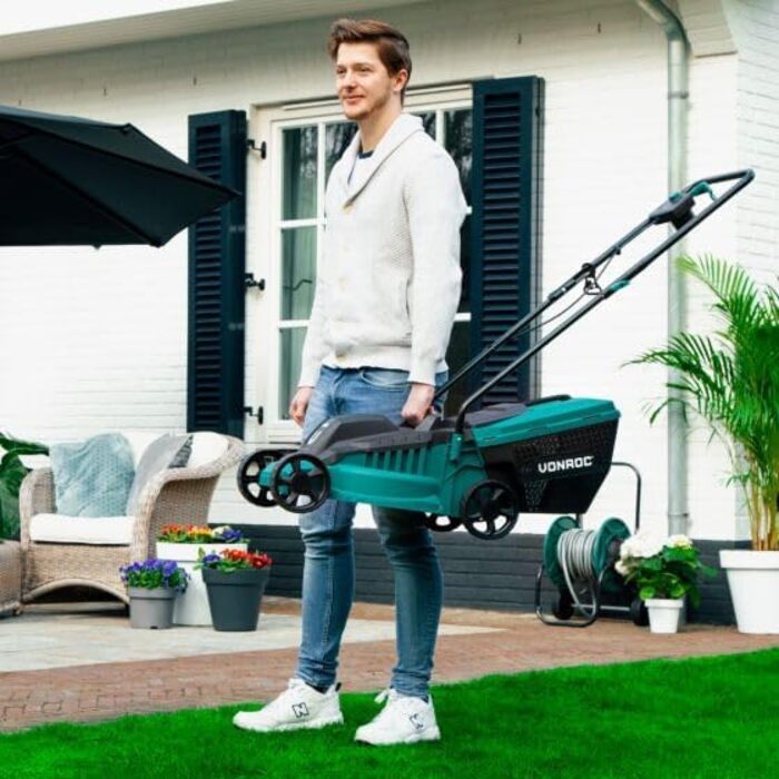 VONROC Corded Electric Lawn Mower | 1300W - 32cm Cutting Width - Adjustable Cutting Height 30-70MM | Electric Scythe Mower for Small to Medium-Sized Areas