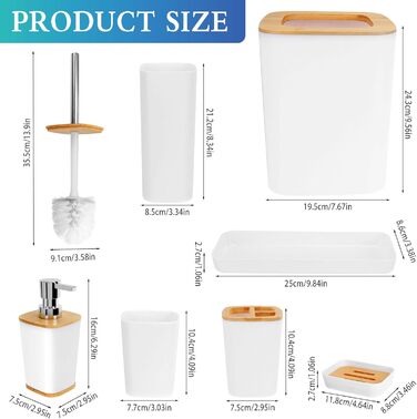 Набір аксесуарів для ванної кімнати з бамбука, 7 предметів: сміттєвий бак, дозатор мила, стакан для ополіскування, мильниця, тримач для зубних щіток, тримач для унітазу, піднос для косметики