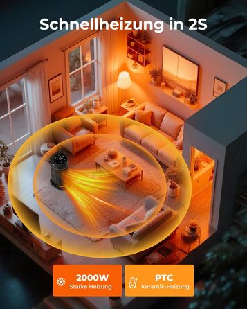 Електричний обігрівач 2000W з PTC-керамічним нагрівачем, тихий, з пульт дистанційного керування, таймером, поворотним механізмом 70° та LED-дисплеєм. Підходить для офісу, спальні, ванної кімнати, дому. Чорний, без полум'я.