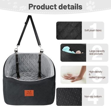 Автокрісло для собак HEGGOOE, чорно-сіре, для малих/середніх порід, з пам'яті піною, з кишенями та страхувальними ременями