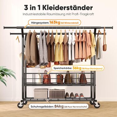 Підставка для одягу HOKEEPER на коліщатках, важка, з подвійною перекладиною, до 283 кг, D004K